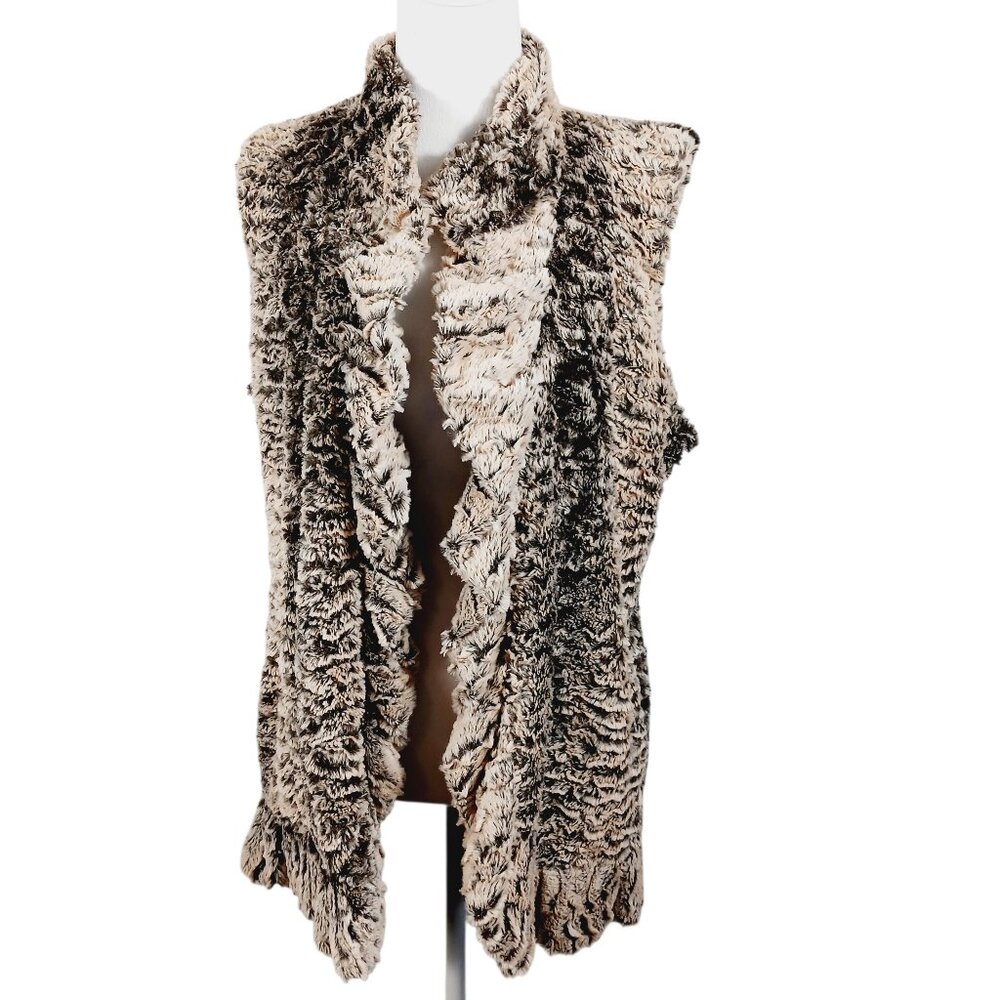 Multiples, MED Faux Fur Vest, Cream & Brown Open Front, Ruffled Trim, Cozy Chic